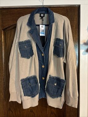 Dee Ocleppo Clio Sweater Denim Mix Jacket Boho NWT XL Oversized Elegant Glamour